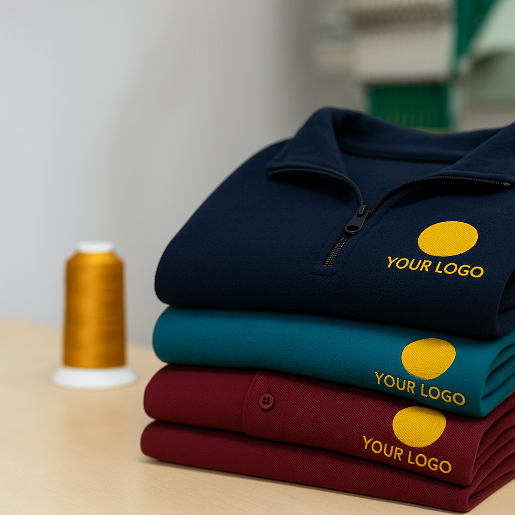 Stack of folded shirts with 'YOUR LOGO' text next to a spool of thread on a blurred background