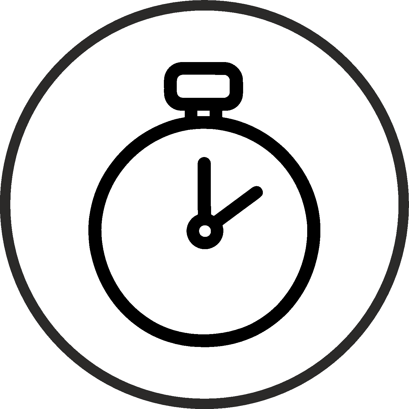 Black stopwatch icon in a circle on a white background