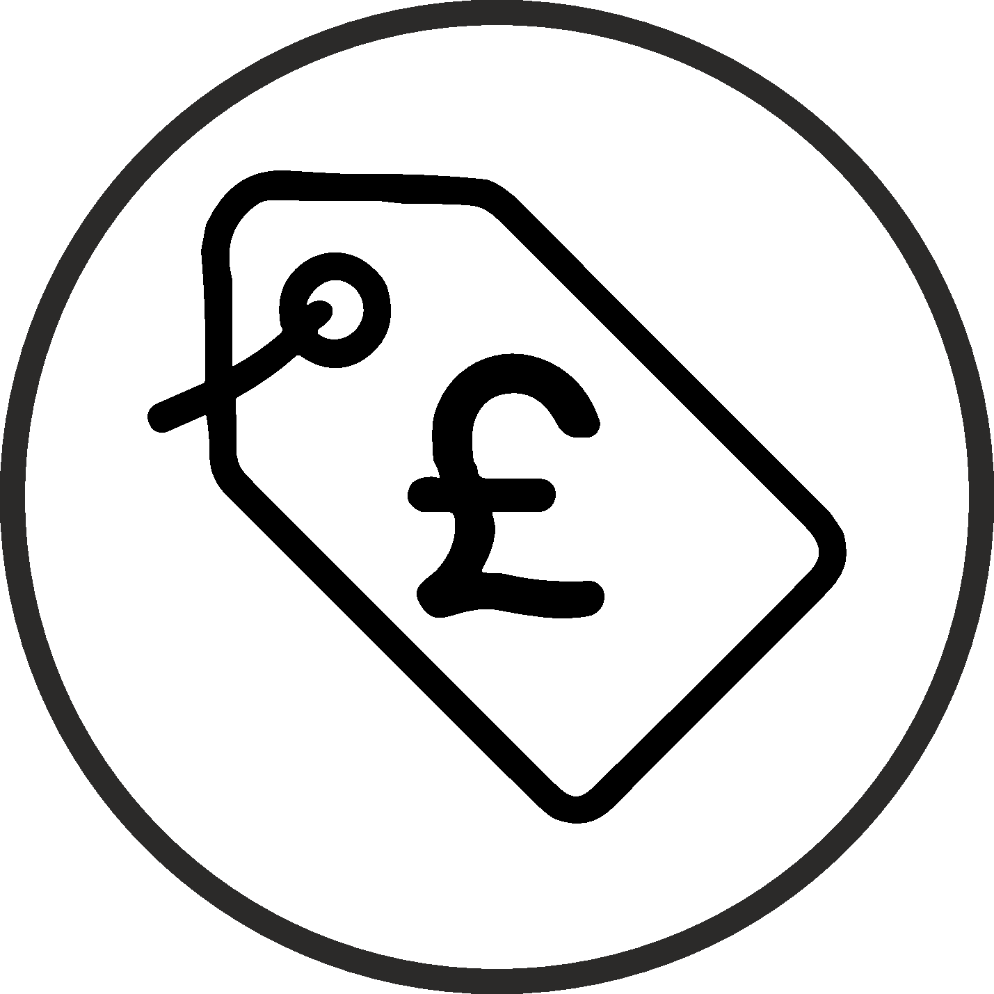 Black price tag icon with a pound symbol inside a circle on a white background